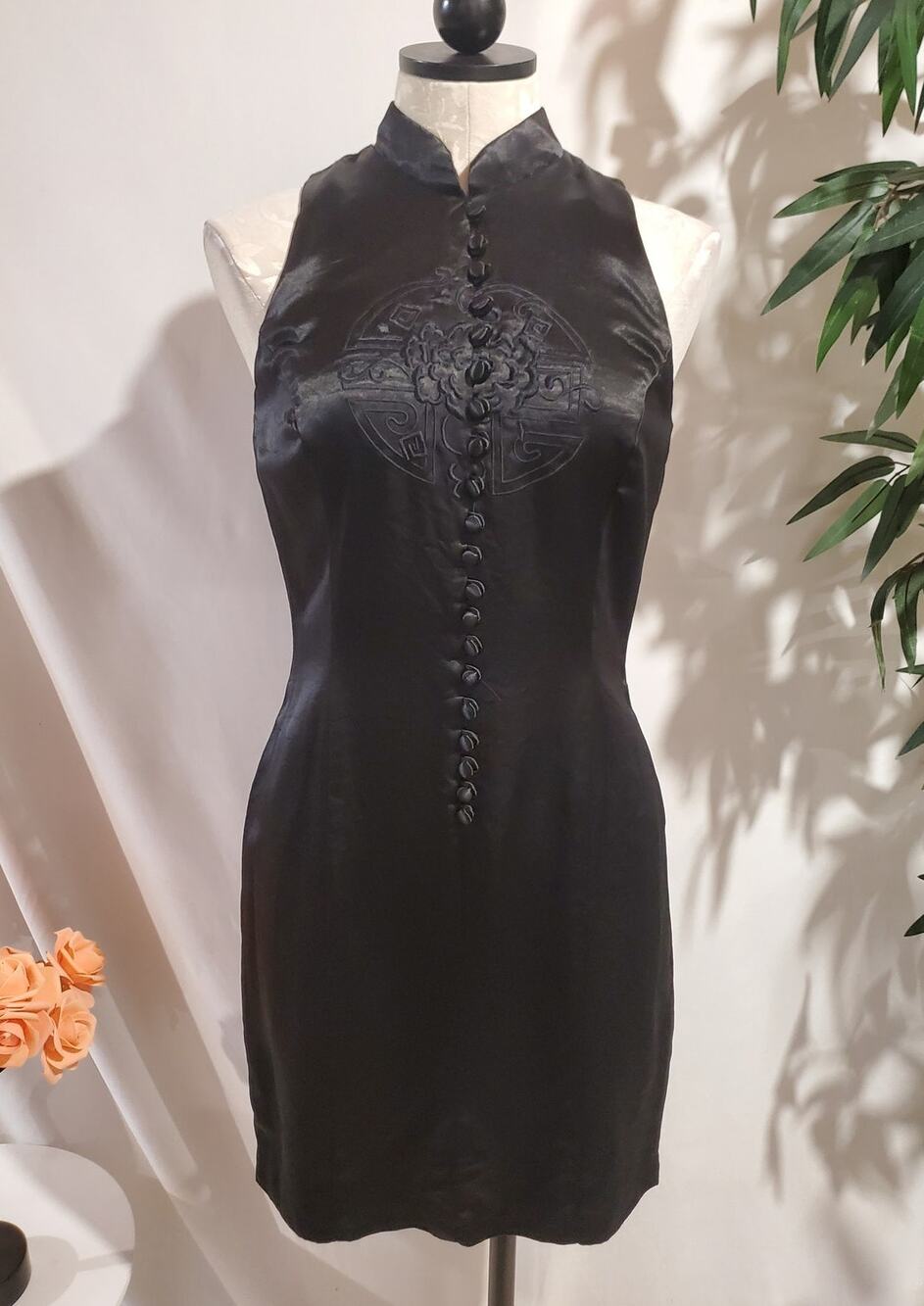 Vtg 90s LA Glo Satin Mandarin Cheongsam Dress Size 11/12 Black Sleeveless Asian